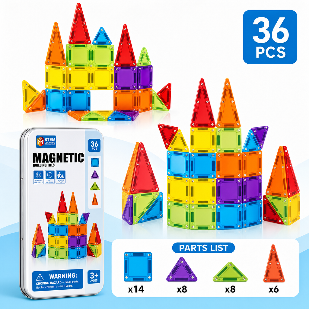 Magnex™ Set 36 piese — plăci magnetice cu cutie metalică, 14 pătrate și 22 triunghiuri